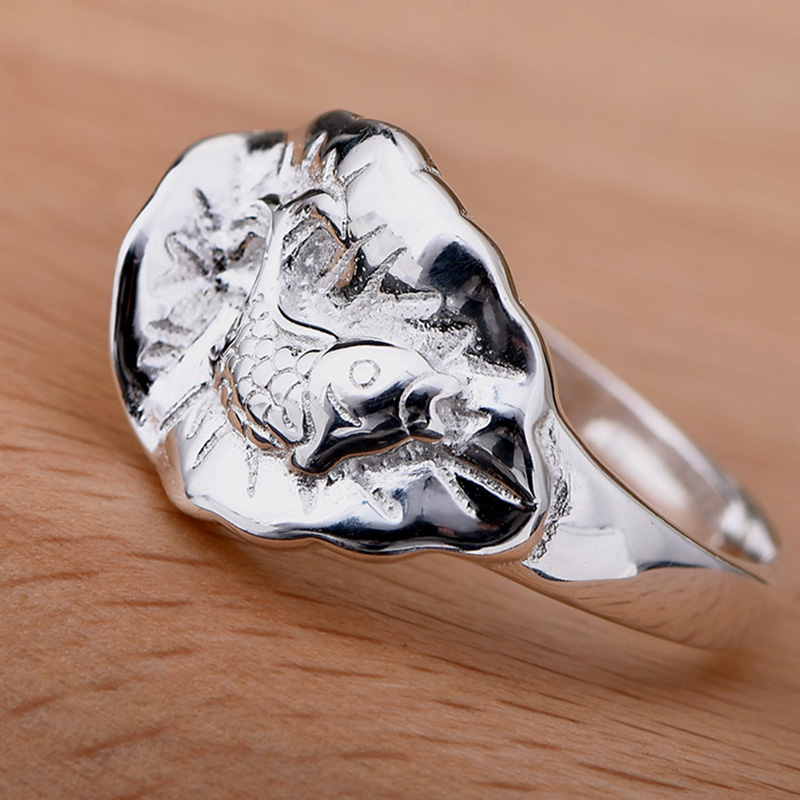 荷叶莲叶年有鱼999纯银戒指99