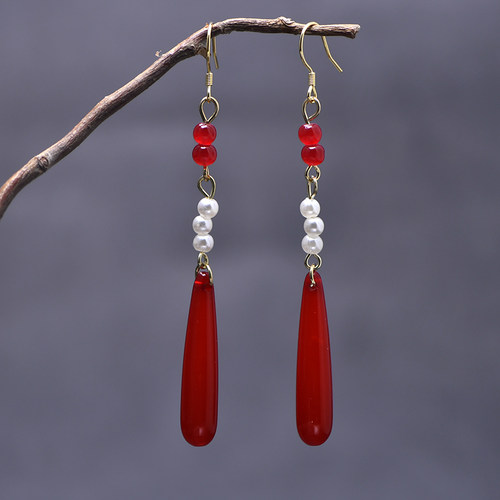 朱霞 水滴中国风古风长款气质古典旗袍高级感999纯银钉耳环耳饰