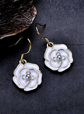 S990银针山茶花耳钉女复古优雅气质高级感轻奢耳饰防过敏足银耳环