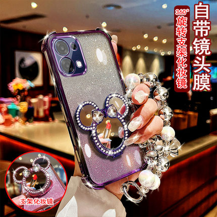 适用于oppo a6手机壳PLS120镶钻米奇旋转支架镜子防摔保护套镜头全包边女款时尚奢华风新款潮流四角加厚软胶