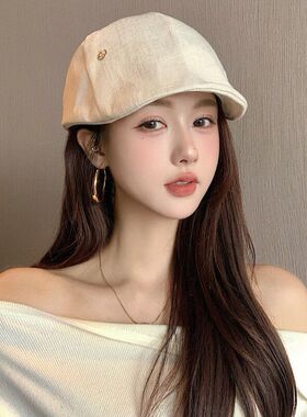 日系文艺棉麻前进帽女秋冬季薄透气防晒鸭舌报童帽复古百搭贝雷帽