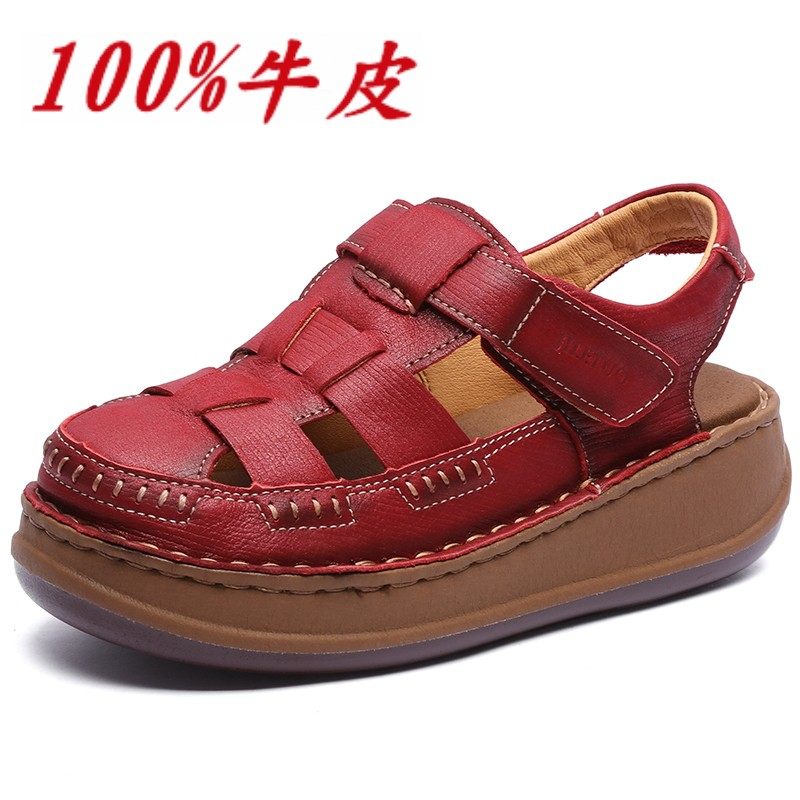 新款女士凉鞋休闲包头凉鞋磨砂真皮厚底复古增高韩版百搭时尚凉鞋