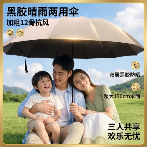 北极春黑胶12骨超大折叠晴雨伞