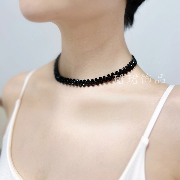 韩版新品手工编织宽边黑水晶遮疤痕甲状腺女式锁骨贴脖颈项链时尚