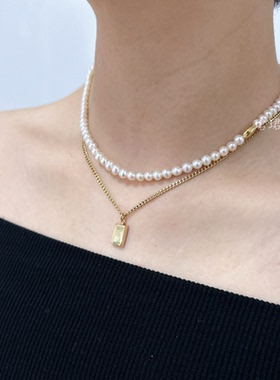 新天然淡水珍珠女士锁骨颈链经典法式叠戴baby珠小方块吊坠双层