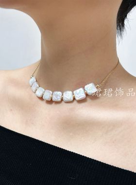 甲壮腺术后遮挡疤痕锁骨项链天然巴洛克小方块珍珠女不过敏时尚赞
