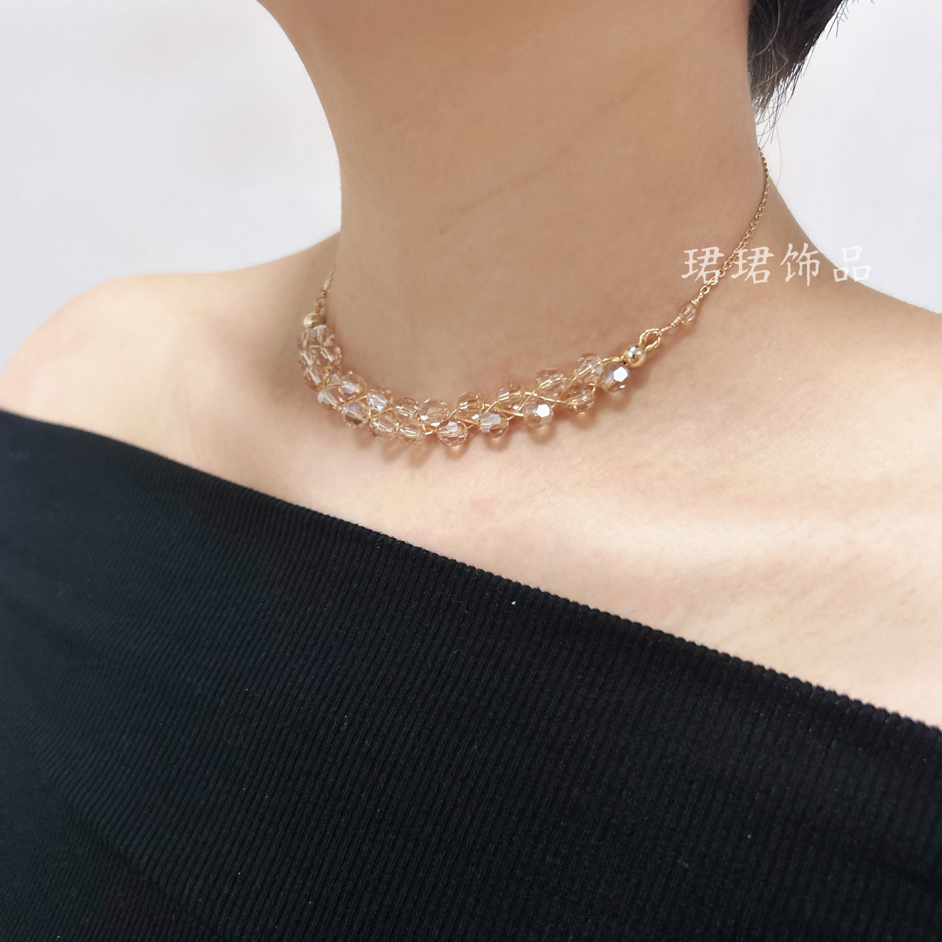 甲状腺术后遮疤痕进口施家水晶女锁骨短款项链原创设计14K美包金