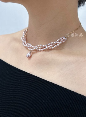 新饰品天然淡紫色珍珠多层遮甲状腺术后疤痕女锁骨颈纹链均码礼物
