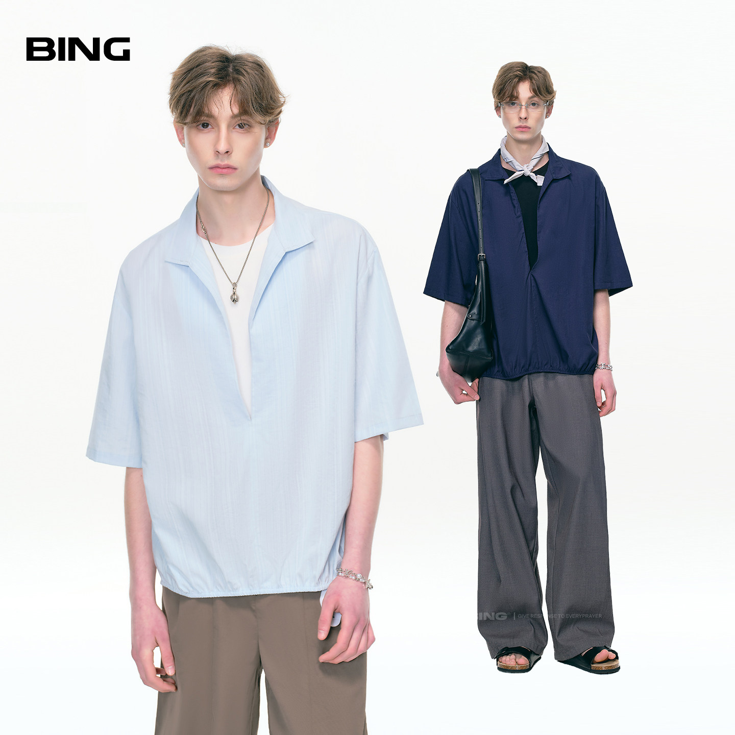 BING 半开襟假两件短袖衬衫男士夏季新款仿亚麻松弛感半袖衬衣服