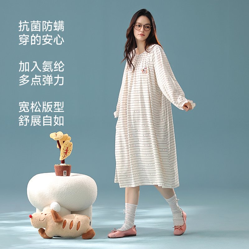2025新款纯棉睡裙女款春秋季长袖长裙可爱条纹大码孕妇睡衣可外穿