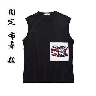 款一punk暗黑朋克庞克叛逆锁边布标印花纯棉无袖圆领坎肩背心T恤