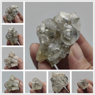 奔驰状硫铁矿N45金边方解石 矿物晶体1原石晶簇 摆件 矿标 大冶