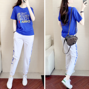 时尚广场舞新款服装女夏2023年新款纯棉宽松洋气蓝色运动服两件套