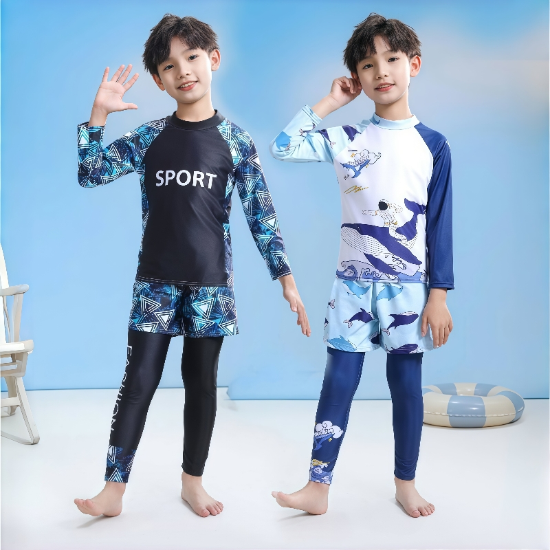 儿童游泳衣男童女童分体运动防晒长袖长裤三件套温泉学生保守速干