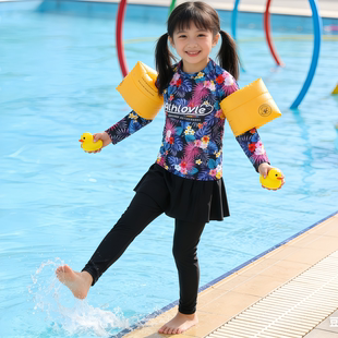短裙中大童游泳套装 儿童分体游泳衣女童长袖 公主裙式 防晒泳装 长裤