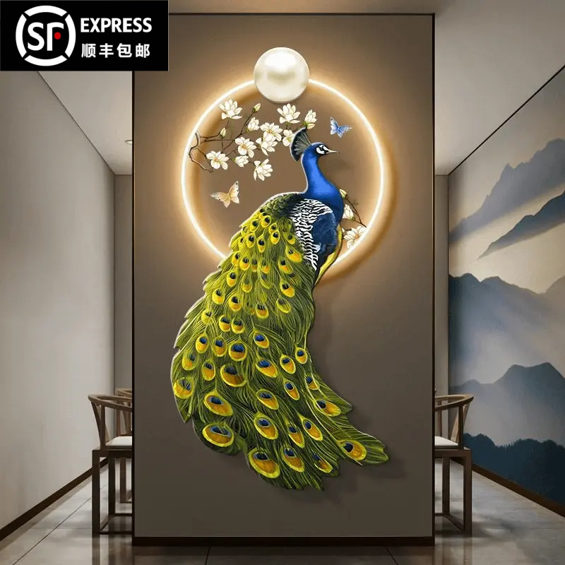 轻奢玄关客厅挂画花鸟图案LED灯无框画喷绘工艺晶瓷油画布可定制
