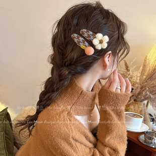 韩系秋冬格纹毛线花朵发夹女百搭气质bb夹侧边刘海夹高级感发饰