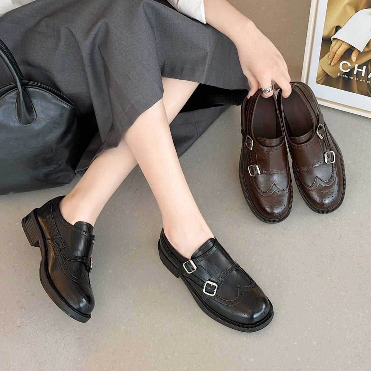 佰诗奴女鞋576622111英伦风复古雕花深口单鞋女皮带扣乐福鞋2026,女鞋,深口单鞋,淘宝优惠券,粉丝福利购,淘宝优惠卷
