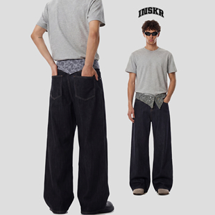【INSKR】国潮情侣复古腰果花拼接牛仔裤宽松直筒水洗长裤子男女