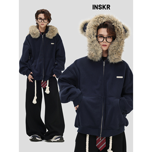 【INSKR】国潮美式「小熊耳朵毛领开衫卫衣」宽松加绒拉链外套男