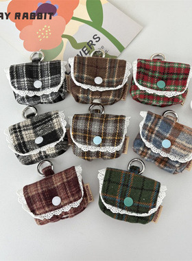 MAYRABBIT 复古毛呢格子耳机保护套便携蓝牙耳机包翻盖软壳耳机包