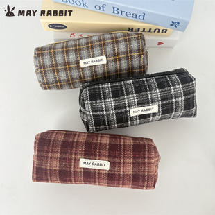 MAYRABBIT 毛呢格子笔袋韩系复古文具盒大容量学生文具收纳袋 新款