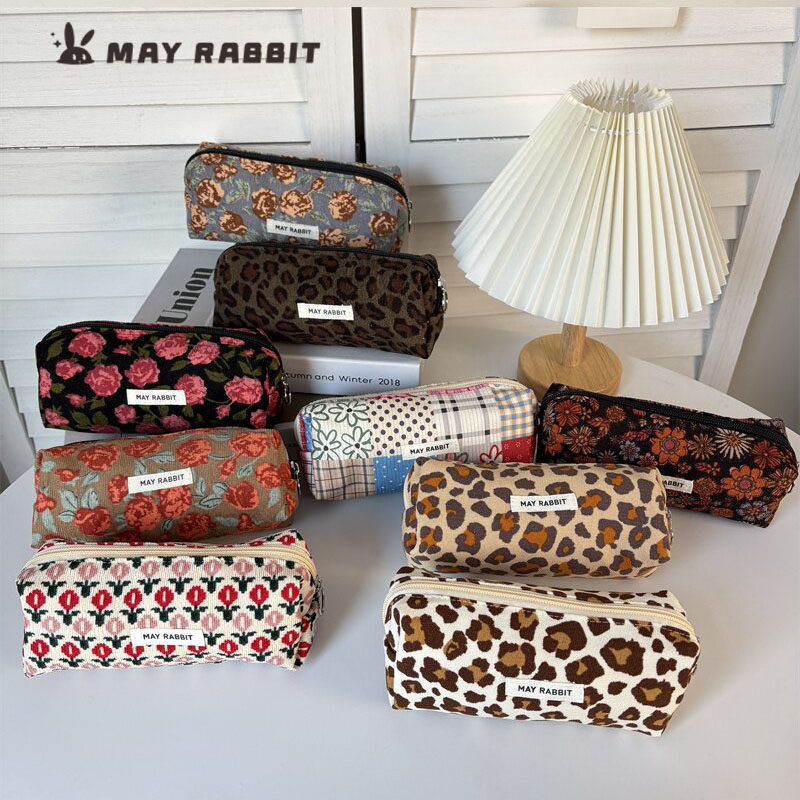 MAYRABBIT复古灯芯绒印花笔袋学生大容量文具盒便携式口红化