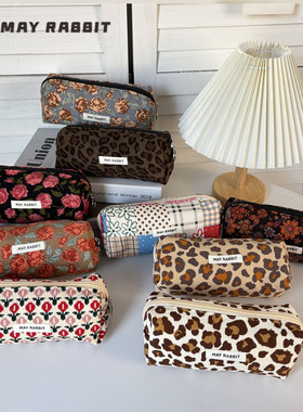 MAYRABBIT复古灯芯绒印花笔袋学生大容量文具盒便携式口红化妆包