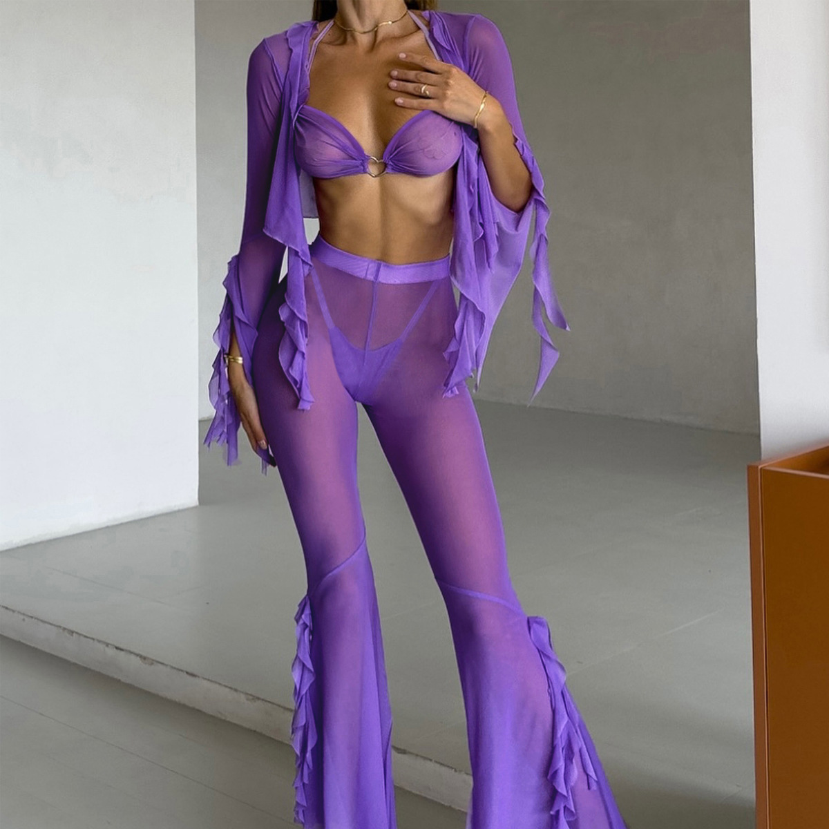 欧美2025性感居纯欲透视荷叶边休闲网纱裤超短裹胸开衫女士四件套