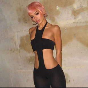 女低腰小脚裤 裹胸连体长裤 辣妹露腰挂脖紧身个性 欧美风25秋冬新款