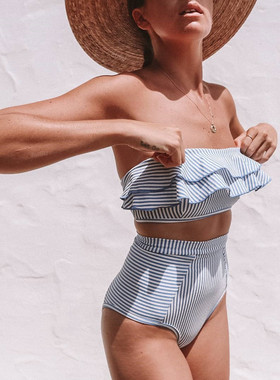 时尚蓝色条纹性感一字肩裹胸抹胸荷叶边分体泳衣高腰遮肚比基尼女