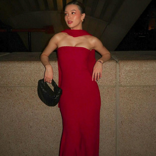 过渡性感梨形身材辣妹贴身收腰裹胸鱼摆纹裙底披肩连衣裙聚会礼服