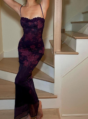 过渡性感新品法式蕾丝边紫色高贵气质浪漫礼服露背复古印花开衩裙