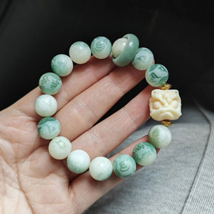 白玉菩提绿飘花六字言12mm手串醒狮跑环款 男女佛珠手链厂家
