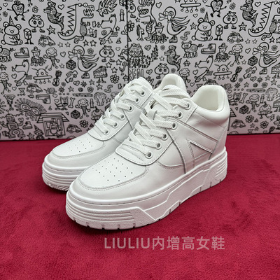 【隐形内增高8CM]25新品厚底真皮小白鞋休闲板鞋女243AIPC