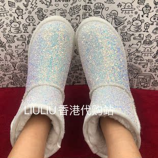 冬 加绒防滑女鞋 白色闪粉格利特7cm厚底隐形内增高低筒雪地靴 女