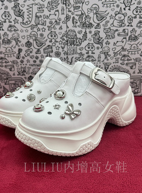 隐形内增高9CM25超轻真皮金属扣厚底洞洞一脚蹬包头拖鞋女333CNA