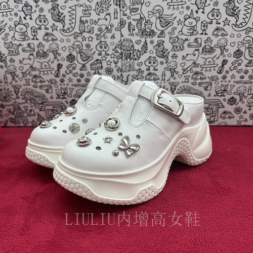 内增高9CM真皮白色洞洞包头鞋女