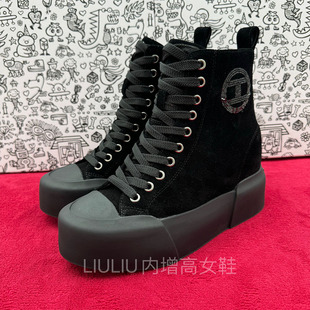 25秋冬厚底隐形内增高8CM潮流黑色高帮珠片休闲真皮女鞋YF698ABC