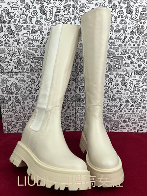 米色真皮高筒11cm内增高切尔西靴