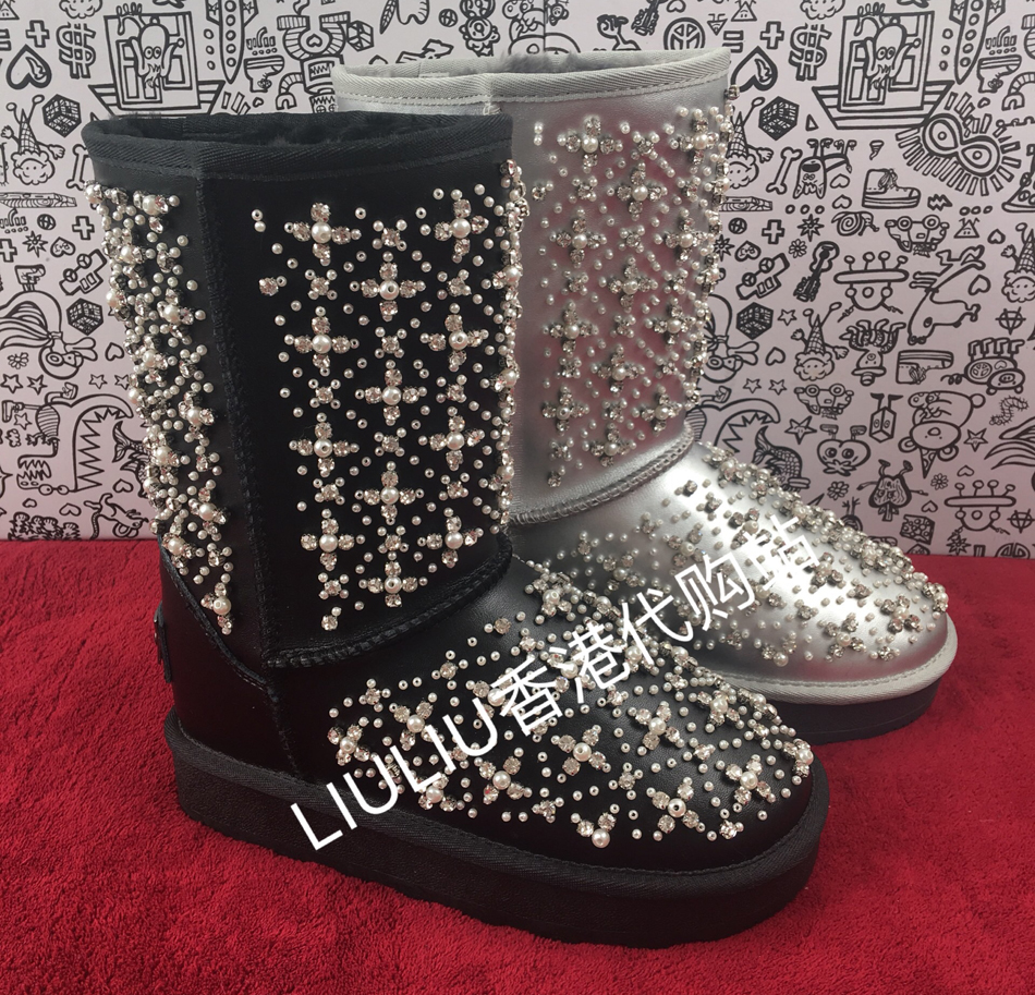 手工满钻珍珠雪地靴隐形内增高