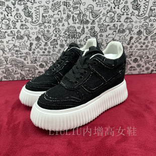 黑色休闲牛仔布厚底超轻款 休闲板鞋 女194GAA 隐形内增高8.5CM