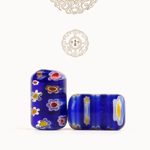 【顶珠】手工藏蓝琉璃桶珠 蓝色花朵纹DIY文玩手串搭配手串手链配