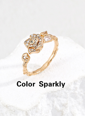 Color Sparkly 925银镀金玫瑰花戒指女轻奢小众高级感指环礼物