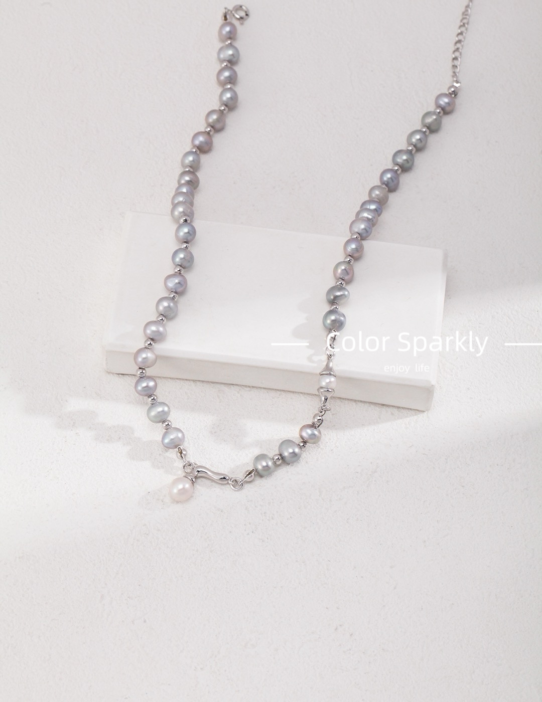 Color Sparkly小众轻奢设计天然珍珠925纯银项链银灰色珍珠项链
