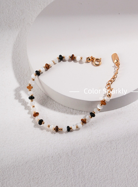 Color Sparkly小众原创设计纯银虎眼石手链复古黑玛瑙宝石手链