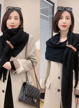 秋冬针织三角披肩围脖女皮扣