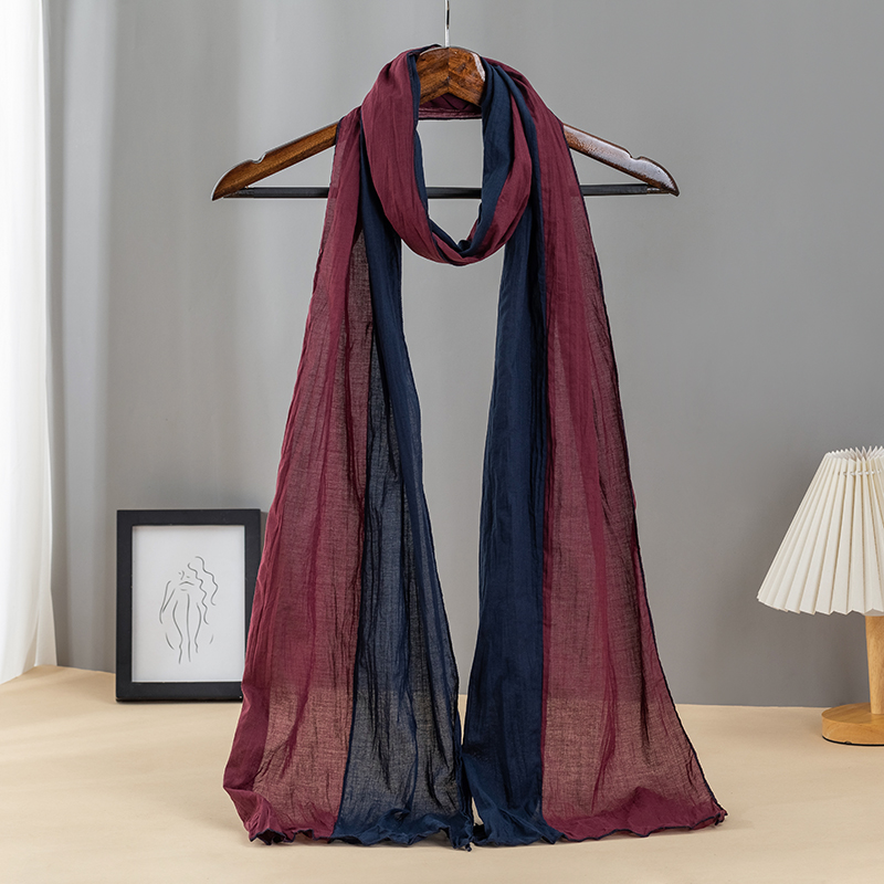 春秋双色拼接长条棉麻围巾女