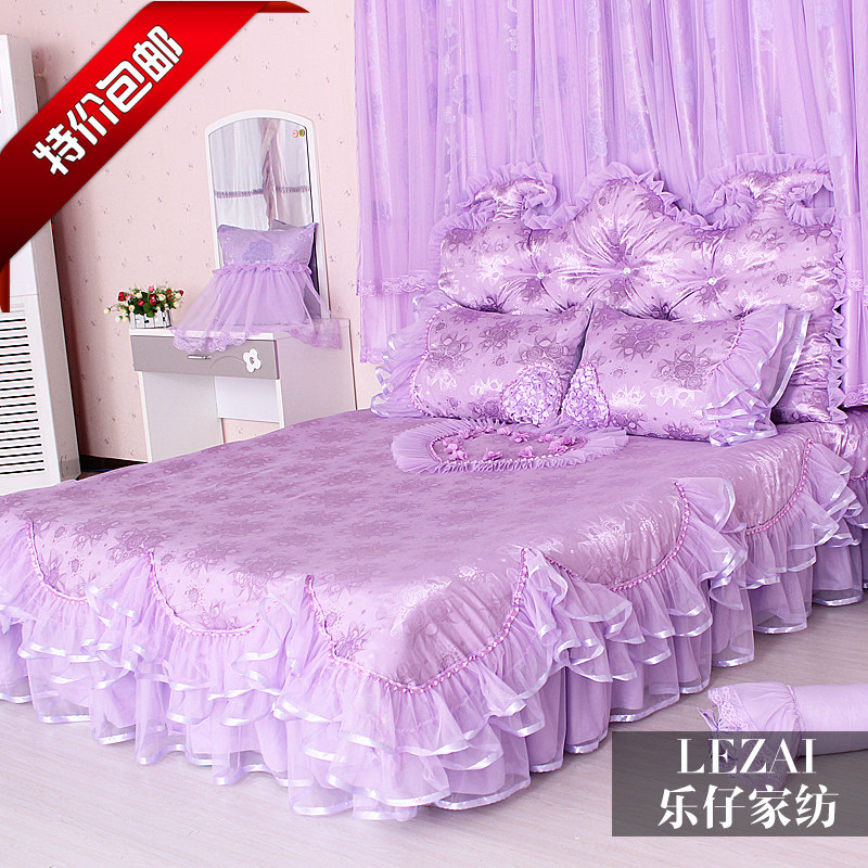 韩式贡缎四件套公主紫色花边蕾丝四件套全棉床裙式1.8m床纯棉被套
