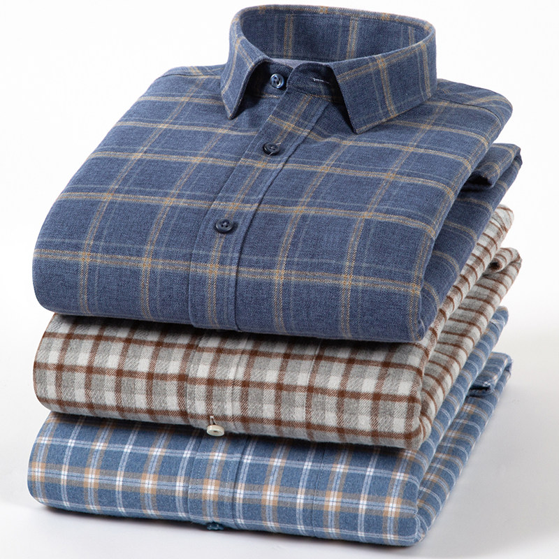 秋冬季保暖衬衫男加绒加厚格子中青年纯棉寸衣商务开衫免烫中老年